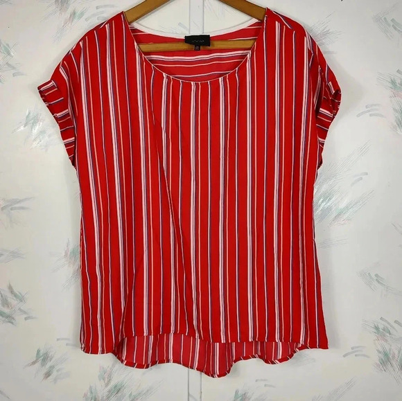 Anthropologie Red Striped Short Sleeve Blouse Sz M - Picture 1 of 10